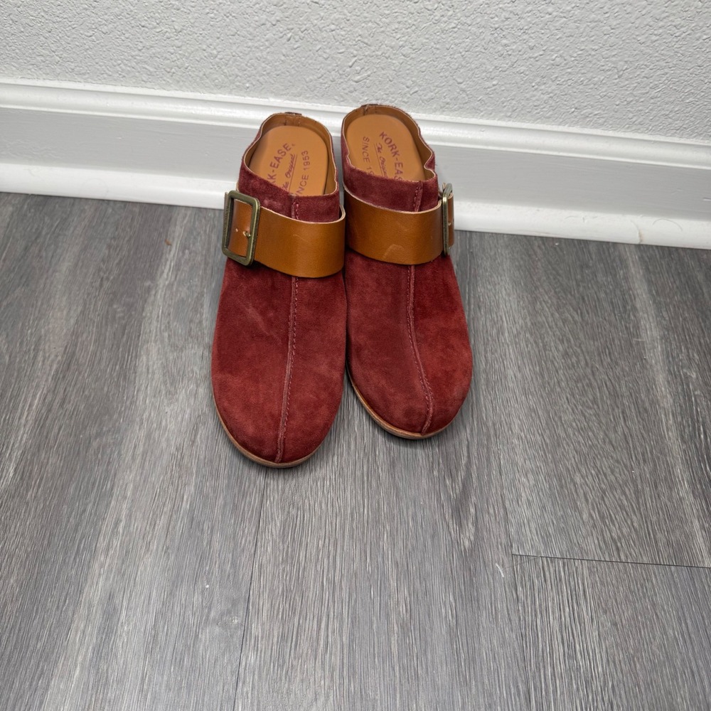 Kork-Ease Burgundy Suede Leather Buckle Mules Clogs Womens 9M Block Heel